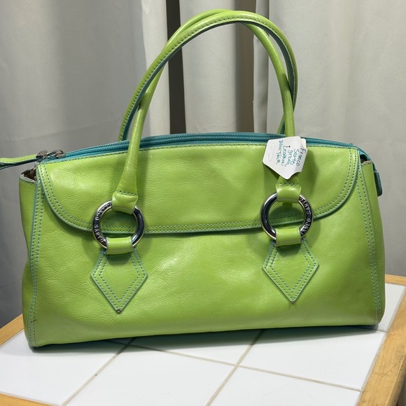 Franco Sarto Handbags - Franco Sarto Satchel Bag Womens Medium Lime Green Leather Blue Trim Excellent